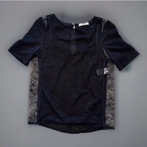 Nina Ricci Lace Silk Top Sz XS EU 34 Black Short Sleeve Designer Made In France